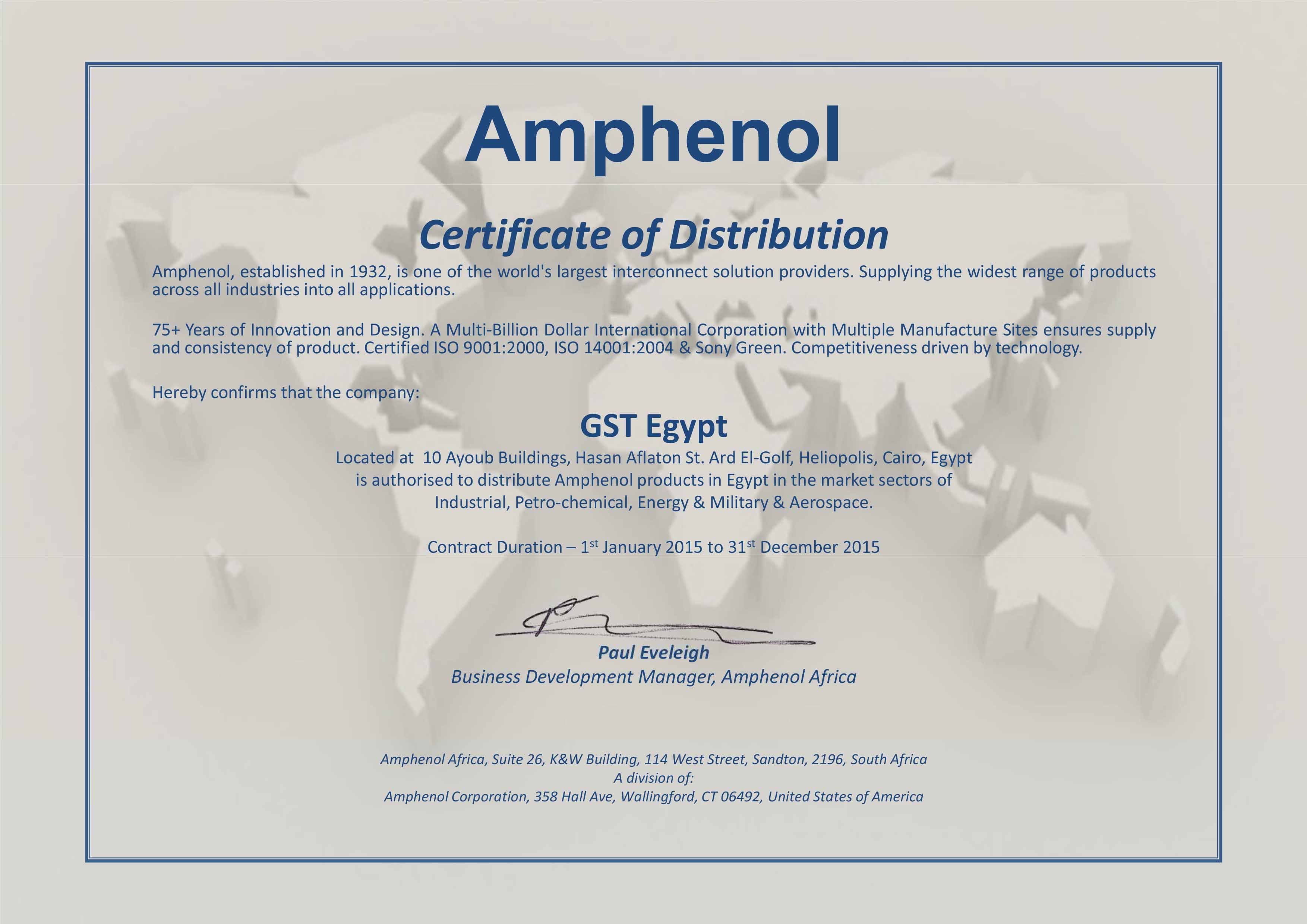 Amphenol Distribution Certificate 